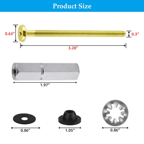 Universal Toilet Seat Bolts Kit, 2 Pack, showing brass bolt, stainless downlock nut, rubber washers, and gaskets with dimensions.