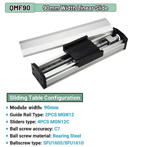 Built Tough Nema 23 Linear Rail Stage With Fully Enclosed Ball Screw Slide For Slick Xyz Axis Motion Control Aluminum Sliding Table Sfu1610 Acme Drive 3.2Nm Torque Motor And No Fuss 1300Mm Travel Kit, 90mm width linear slide with aluminum frame.