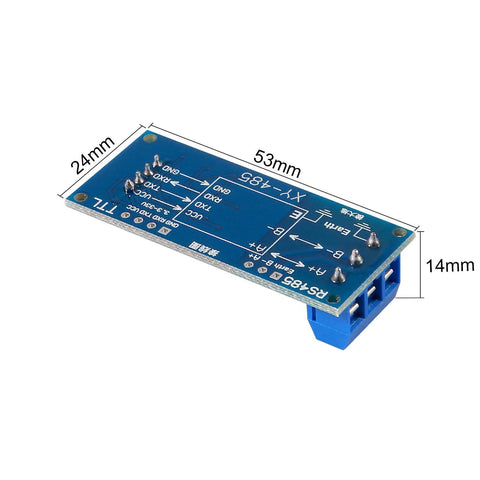 Two Pack TTL To RS485 Converter Module For 3V3 Or 5V Systems with RXD and TXD indicators, side view dimensions shown