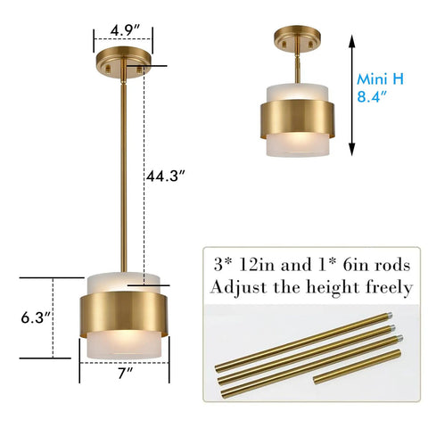 Gold Pendant Light Fixture With Frosted Glass Shade For Kitchen Island And Dining Room Modern Rod Hanging Lamp