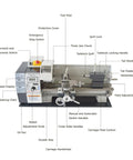 Jaryannix 7X12 Inch Mini Metal Benchtop Lathe With Variable Speed Control Digital Display 600W Brushless Motor labeled parts and features