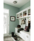 Low Profile Ceiling Heater With Enclosed Element For Bathroom, Kitchen And Home, 1250W 120V, Satin Aluminum Grille in a home entryway.