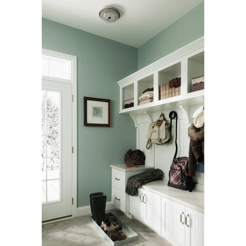 Low Profile Ceiling Heater With Enclosed Element For Bathroom, Kitchen And Home, 1250W 120V, Satin Aluminum Grille in a home entryway.