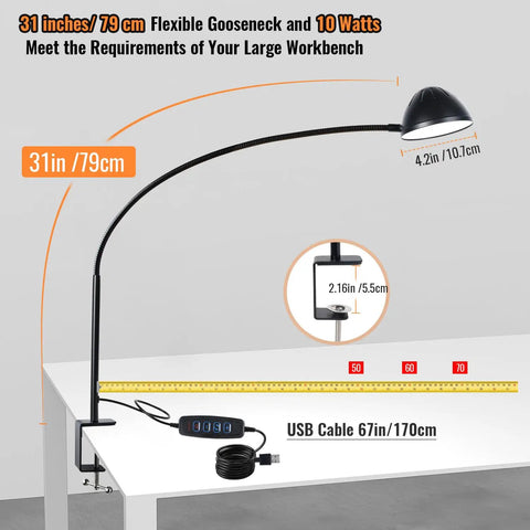 Gooseneck Clip Desk Lamp With Clamp, 10W 1100 Lumens, 31 Inch Flexible Arm, USB Powered, shown clamped on desk edge