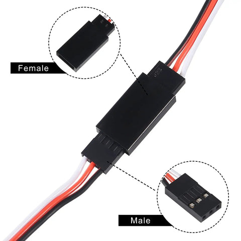 Close-up of 15 Pack 3 Pin Servo Extension Cables 15 Cm Male to Female connectors in black, white, and red.