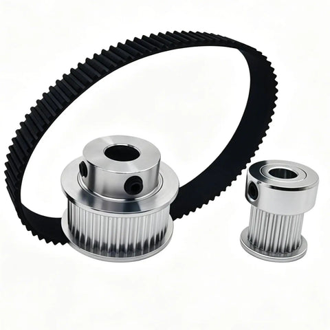 Super Cool 2GT Timing Pulley Set With 2 To 1 Ratio Perfect For Your DIY Projects Featuring Double Flange Design And Multiple Bore Sizes Like 4mm 6.35mm And Up To Include Long 600mm Belt Widths That Make Everything Run Smooth As Butter. 2GT aluminum timing pulley set with belt