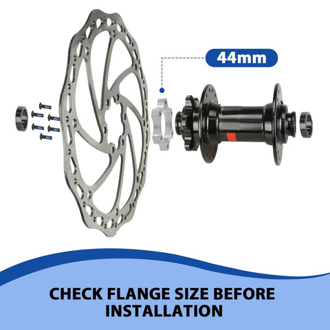 Diagram of 4 Pack 44mm Disc Brake Adapter for Bicycle Hubs to 6-Bolt Rotors, showing installation spacing.