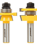 Top Tier Shaker Cabinet Door Rail And Stile Router Bits Set With 1/2 Inch Shank Heavy Duty Tungsten Carbide Blades in yellow and silver.