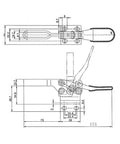 Technical drawing of Beefy Rock Solid Heavy Duty Horizontal Toggle Clamp With 280Kg Holding Power, SUS304 Stainless Steel Welding Fixture.