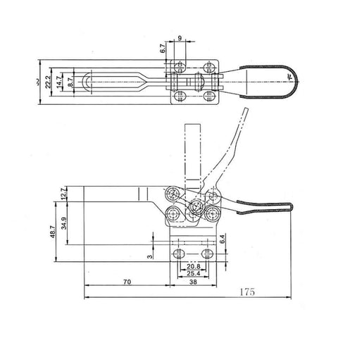Technical drawing of Beefy Rock Solid Heavy Duty Horizontal Toggle Clamp With 280Kg Holding Power, SUS304 Stainless Steel Welding Fixture.