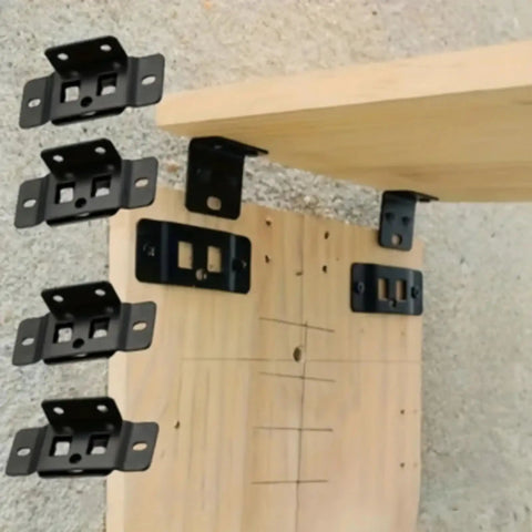 Heavy Duty Stainless Steel Furniture Connectors 10 Pack Built Like An Ox Corner Brackets mounted on a wooden surface.