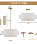 Totally Iconic 24 Inch Linen Drum Chandelier With Six Warm Lights Featuring Sleek Gold Frame And Three Tier Vintage Farmhouse Design dimensions and mounting options.