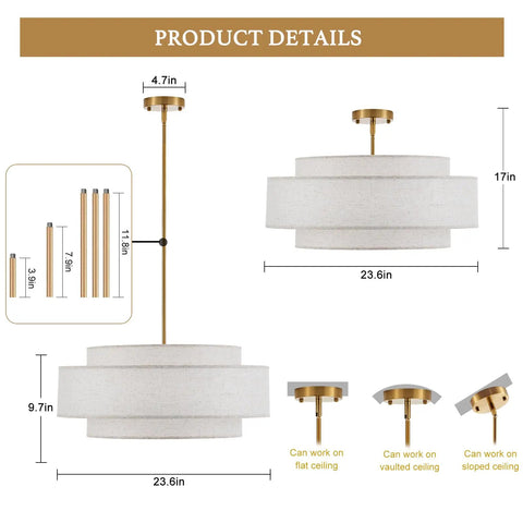 Totally Iconic 24 Inch Linen Drum Chandelier With Six Warm Lights Featuring Sleek Gold Frame And Three Tier Vintage Farmhouse Design dimensions and mounting options.