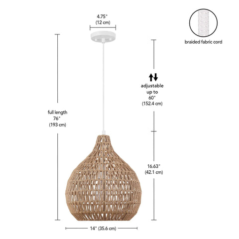 Japandi Inspired Tika 1-Light Pendant With Natural Blonde Twine Shade And White Cloth Cord Rustic Chic Ceiling Light dimensions