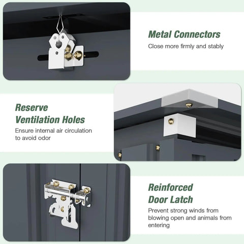 Features of Heavy Duty 3 By 6 Ft Outdoor Storage Shed For Trash Cans And Bikes, including metal connectors, ventilation holes, and door latch.