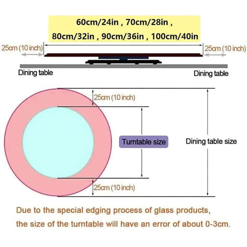Diagram showing sizes for Solid Wood Lazy Susan Turntable options, highlighting diameter and dining table fit.