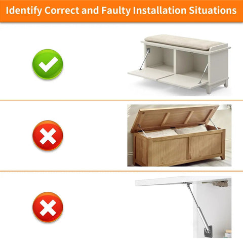 Correct and incorrect installations of Two Pack 100N 22Lbs Drop-Down Gas Struts For Drop-Front Desks And Fold-Down Lids.