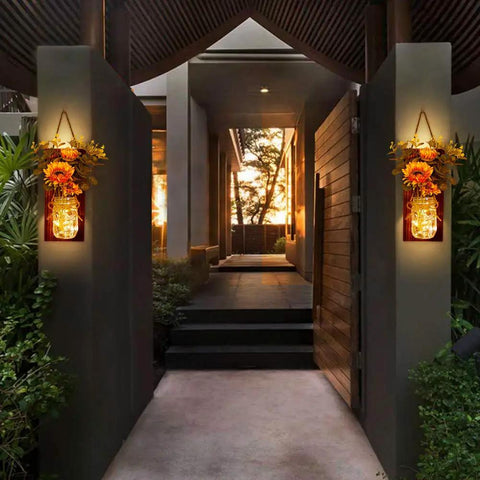 Set Of Two Sunflower Mason Jar Wall Sconces With Remote Control, Farmhouse Wall Decor illuminating an entryway at dusk
