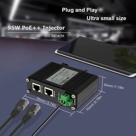 Plug And Play 95W PoE Plus Injector Gigabit Network Power Adapter on a table next to a smartphone with ethernet ports shown.
