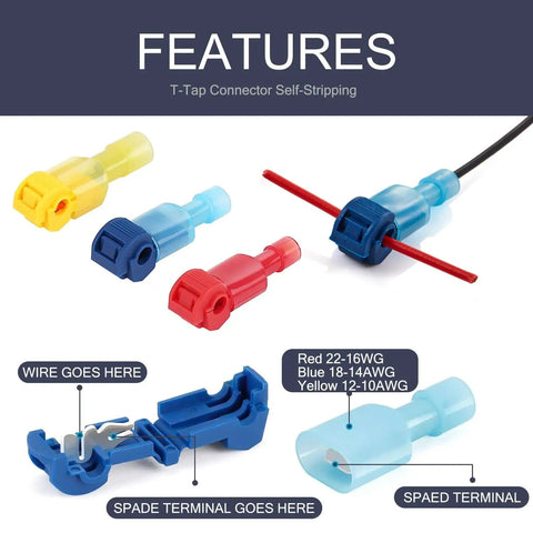 TTap Wire Connector Quick Splice Kit for 22 18 16 14 12 10 AWG in assorted colors, showing self-stripping connectors and spade terminals.
