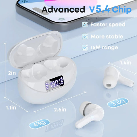 Wireless Earbuds With Bluetooth 5.4 Dope HiFi Stereo And Noise Cancelling Microphone LED Digital Display IPX7 Waterproof Up To 50 Hours Play Time In Ear Buds For Office Running And Workouts White, open charging case and earbuds on a surface