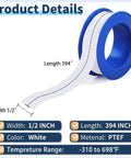 15 Rolls Of PTFE Teflon Plumbers Tape One Half Inch Wide By Three Hundred Ninety Four Inch Long White Thread Seal Tape product