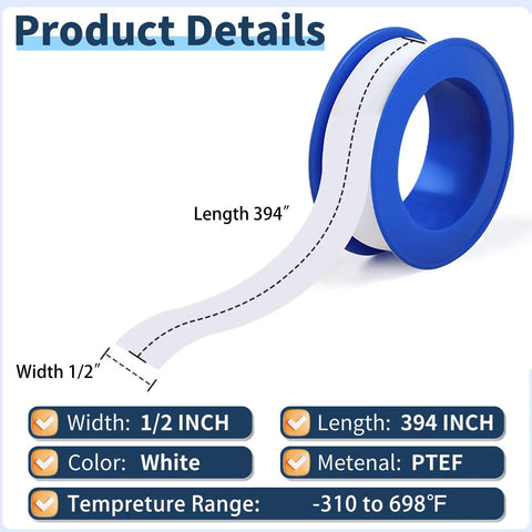 15 Rolls Of PTFE Teflon Plumbers Tape One Half Inch Wide By Three Hundred Ninety Four Inch Long White Thread Seal Tape product