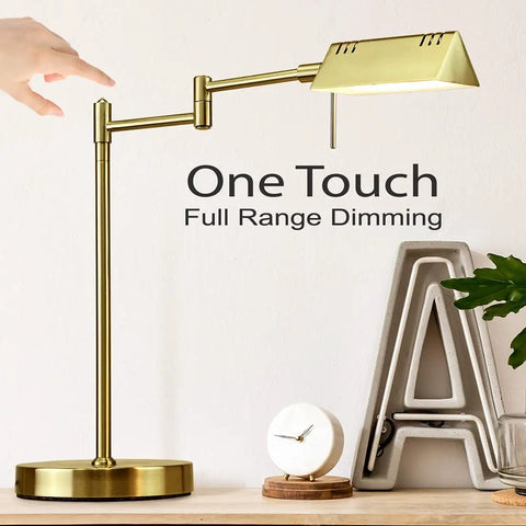 Antique brass LED desk lamp with 360-degree swing arm, one touch full range dimming for home and office workspaces.