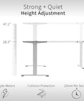 Vivo Electric L Shaped Corner Standing Desk With Memory Height Adjustment And White Finish For Office Ergonomic Sit Stand Workstation Dual Motor Lift System Smooth Operation Spacious Workspace showing height adjustment options from 28.3" to 47.1".
