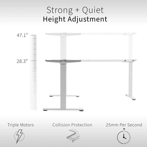 Vivo Electric L Shaped Corner Standing Desk With Memory Height Adjustment And White Finish For Office Ergonomic Sit Stand Workstation Dual Motor Lift System Smooth Operation Spacious Workspace showing height adjustment options from 28.3" to 47.1".