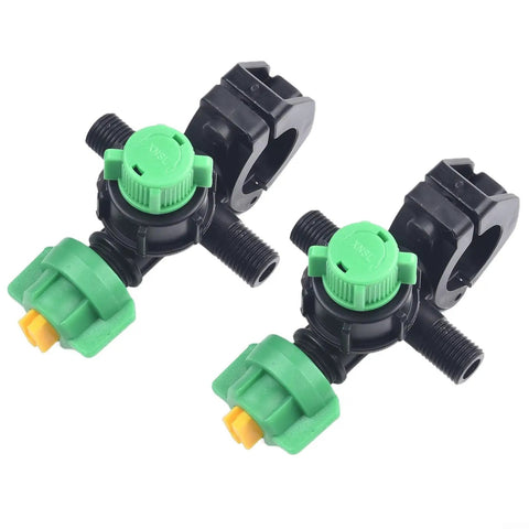2 Pack Fan Shaped Misting Nozzles For Farm Irrigation With Wide Coverage And Adjustable Flow, black and green plastic clamps