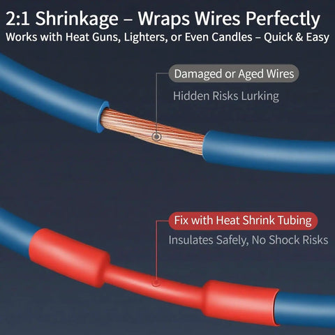 580 Piece Heat Shrink Tubing Kit For Wires Industrial Grade 2 To 1 Shrink Ratio demonstrating insulation on wires.