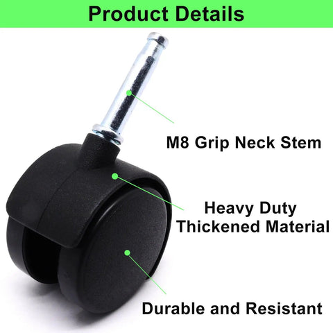 Two Inch Plastic Swivel Casters Four Pack With M8 Neck Stem For Furniture Chairs Tables And Shelves 360 Degree Rotation Black Nylon Replacement Castors Heavy Duty Easy Glide Mobility For Home And Office, showing close-up of black caster with metal stem.