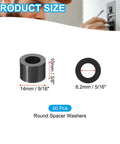 M8 ABS Spacer Washers 8.2mm ID and 14mm OD and 10mm Thick Black Round Standoff Spacers Unthreaded For M8 Or Five Sixteenths Inch Screws Bolts Electrical Outlet 50 Pack shown with size markings