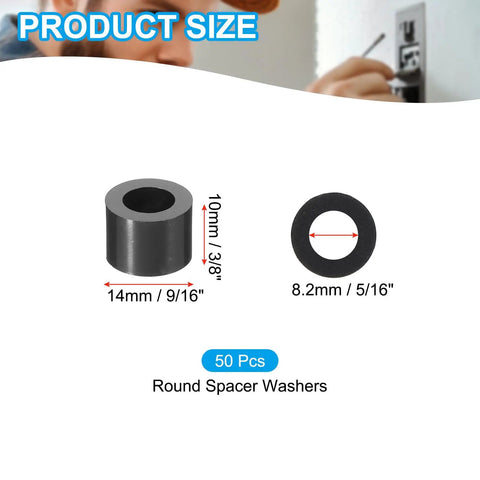 M8 ABS Spacer Washers 8.2mm ID and 14mm OD and 10mm Thick Black Round Standoff Spacers Unthreaded For M8 Or Five Sixteenths Inch Screws Bolts Electrical Outlet 50 Pack shown with size markings