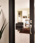 Century Single Cylinder Door Handleset With Elan Lever Satin Chrome Finish installed on exterior door, modern interior view