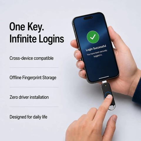 Ironclad Fingerprint Security Key With Fido2 Certified Biometrics And Type C Design for easy login on smartphone.