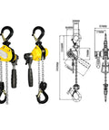Front view of yellow manual lever chain hoist with black handle and G80 chain, 1/4 ton capacity, 20 ft