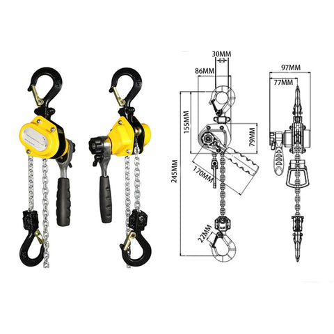 Front view of yellow manual lever chain hoist with black handle and G80 chain, 1/4 ton capacity, 20 ft