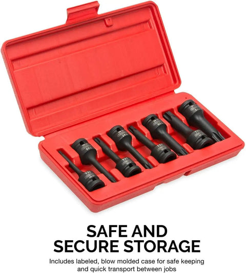 Half Inch Drive Torx Star Socket Set 8 Piece Long 3 Inch Length Cr Mo Impact Sockets From T30 To T70 Black Phosphate Finish