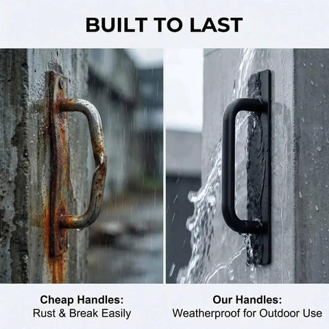 Comparison of rusty old handle and 2 Pack Aluminum Gate Pull Handle for Wooden Fences and Barn Doors Black Finish with Screws Included