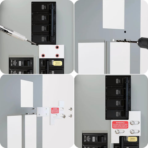 Generator Interlock Kit For 150 And 200 Amp Electrical Panels With A One And One Quarter Inch Gap Between Main And Branch Breakers Easy No Fuss Install And Drill Bit Included For Safe Home Backup Power, aluminum components and drill bit shown during installation process.