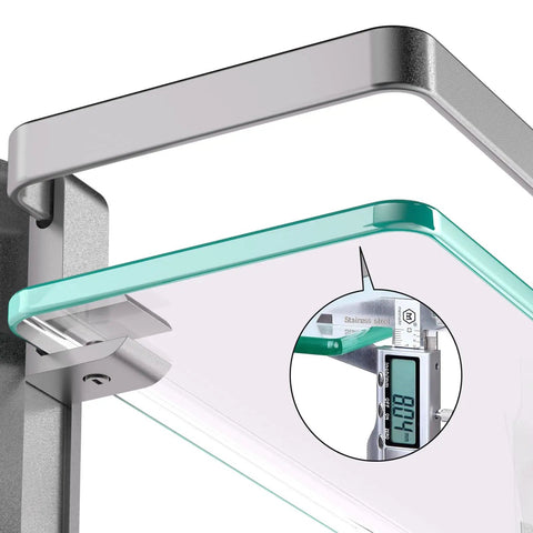 Close-up of Glass Shelf With Towel Bar For Bathroom, 15.2 By 4.5 Inches, Wall Mount Organizer in Silver, showing thickness measurement