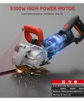 Heavy Hitter 4800 Watt Electric Wall Chaser And Concrete Groove Cutter Featuring Laser Aim System Adjustable Comfort Handle And Tough 133Mm Blade for cutting through materials with sparks visible.