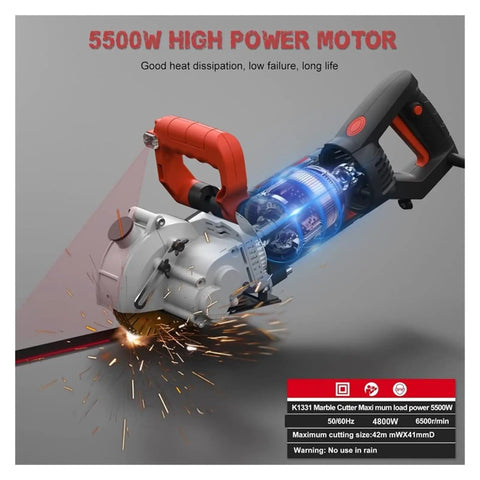 Heavy Hitter 4800 Watt Electric Wall Chaser And Concrete Groove Cutter Featuring Laser Aim System Adjustable Comfort Handle And Tough 133Mm Blade for cutting through materials with sparks visible.