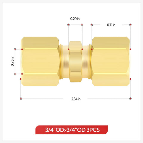 Brass compression straight union connector, 3/4 in OD x 3/4 in OD, 3 pcs