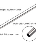 Stainless steel round tubing, 12mm outer diameter, 1mm wall, 300mm length, set of 2 tubes