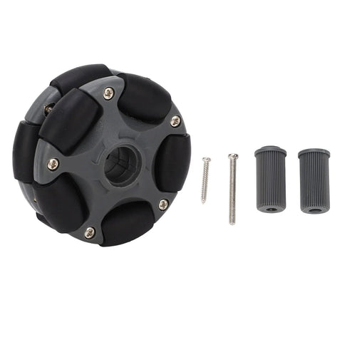 58mm omnidirectional wheel for robots with screws and connectors, designed for multi-directional use in robotics and machinery.