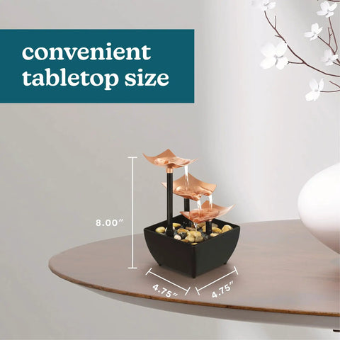 Tabletop Water Fountain With Three Tiers For Indoor Zen Waterfall Vibe, Natural River Rocks, Quiet Submersible Pump, Calming Desk Decor For Home Or Office, AA Battery Powered, 8 inch height, 4.75 inch width, displayed on table