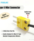Type K mini connector with yellow casing, two flat pins, and captive cover screws for K type temperature meters.